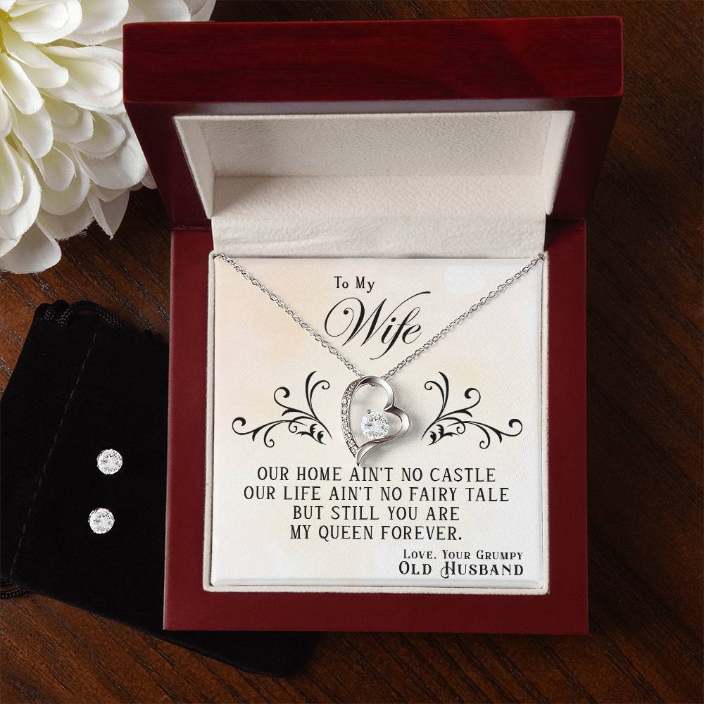 To My Wife, You Are My Queen Forever - Forever Love Heart Necklace and Earring Set