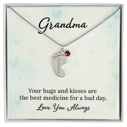 Grandma, your hugs and kisses, Baby foot name engraved charm necklace with birthstones