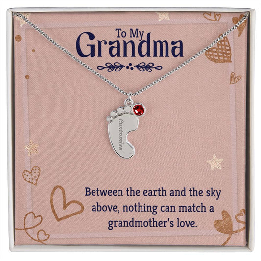 To My Grandma, Baby foot name engraved charm necklace with birthstones