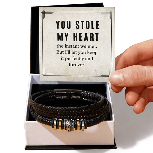 You Stole My Heart for Husband or Soulmate - Love You Forever Engraved Vegan Leather Men's Bracelet