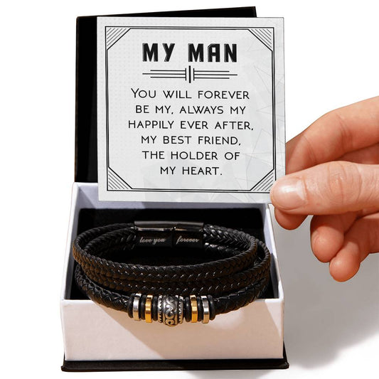 My Man for Husband or Soulmate - Love You Forever Engraved Vegan Leather Men's Bracelet